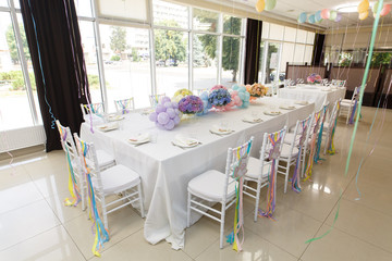 birthday party of a baby concept unicorn. girls birthday decorations. clildren  birthday celebrations indoor.festive decorated room in unicorn concept.festively decorated room for a children's party.