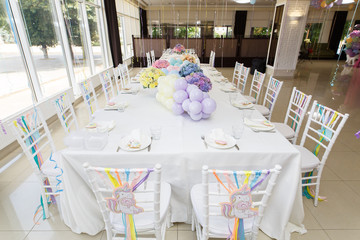 birthday party of a baby concept unicorn. girls birthday decorations. clildren  birthday celebrations indoor.festive decorated room in unicorn concept.festively decorated room for a children's party.