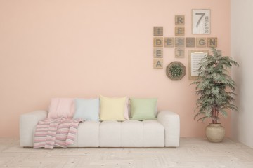 Stylish room in coral color with sofa. Scandinavian interior design. 3D illustration
