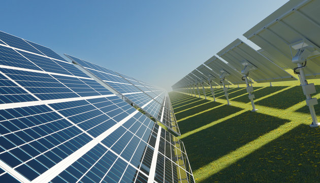 Solar Panels on a Bright Sunny Day 3D Rendering