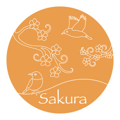 Sakura branches and japanese birds. Japan nature.