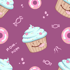 Seamless vector sweet and cute pattern with bakery on a purple background. Delisious cupcakes and donuts.