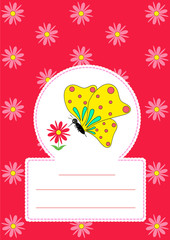 A school notebook for a girl on a red background with an empty frame and a picture of a butterfly.