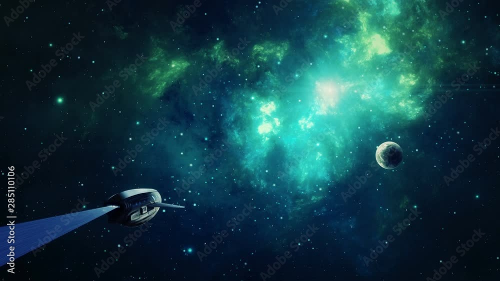 Wall mural space scene. blue and green nebula with planet and spaceship. elements furnished by nasa. 3d renderi