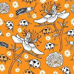 Ladybugs bugs and Flowers -Garden Life seamless repeat pattern. Fun and fresh, Graphic Surface repeat pattern design with cute Bugs and Ladybugs with flowers on a yellow background. Cute and funny