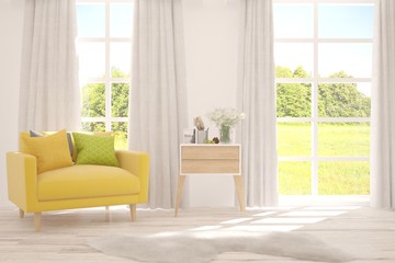 Mock up of stylish room in white color with armchair and green landscape in window. Scandinavian interior design. 3D illustration