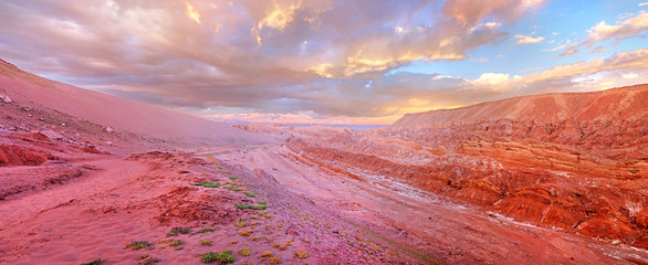 Panoramic view of the Mars Valley near San Pedro de Atacama against a warm and colorful sunset sky above volcanoes. © AlexTrp