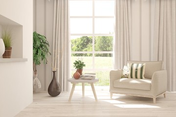 Mock up of stylish room in white color with armchair and green landscape in window. Scandinavian interior design. 3D illustration