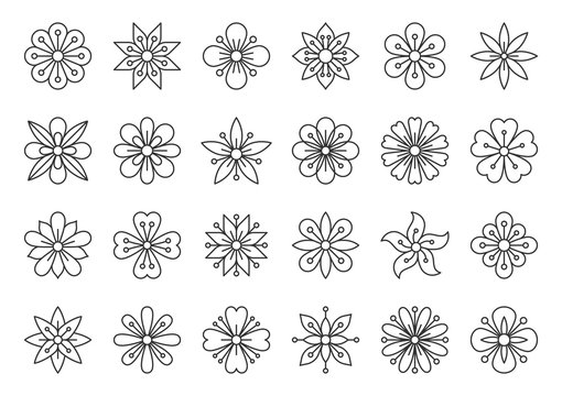 Abstract Flower simple black line icons vector set
