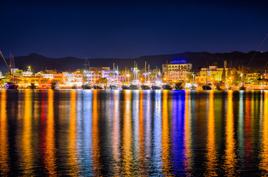 Port of Kos town during the night, Greece