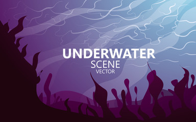 Underwater sea scene. Realistic seascape with reef. Ocean bottom silhouette of seaweed  grass  algae and corals. Beautiful marine vector illustration.