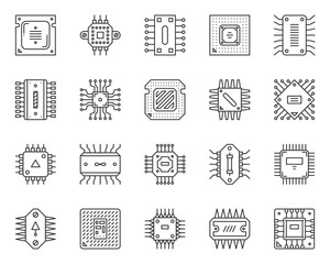 Micro chip cpu simple black line icons vector set
