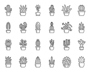 Cactus plant simple black line icons vector set