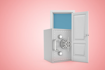 3d rendering of big metal money safe emerging from open door on pink gradient copyspace background.