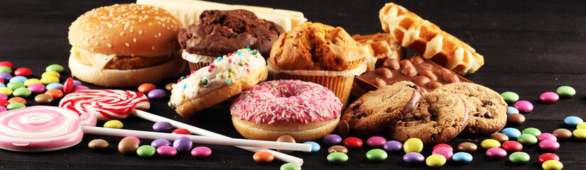 Unhealthy products. food bad for figure, skin, heart and teeth.