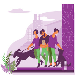 People with their pets dogs and cats on the fantasy cityscape background flat vector illustration. Concept for veterenary clinic or pets shop, vet healthcare banner or site template.