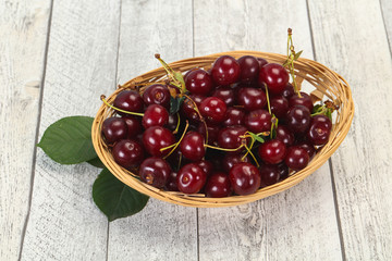 Sweet ripe cherry with leaves