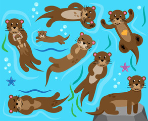 Cute Vector Collection of Otters in Water
