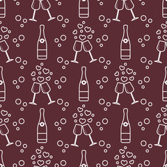 Seamless holiday pattern. Hearts, glasses, bottle