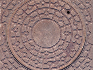 sewer metal iron hatch on the sidewalk. background, texture.