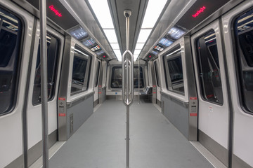 Inside the empty airport train car