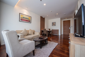 Beautiful and large living room interior with hardwood floors