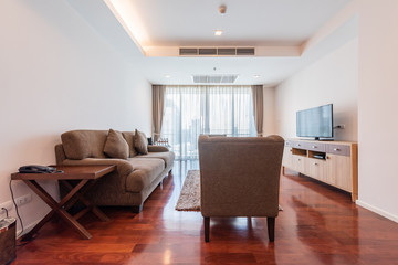 Beautiful and large living room interior with hardwood floors
