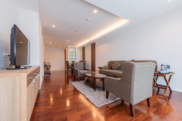 Beautiful and large living room interior with hardwood floors