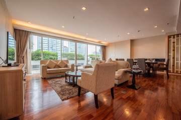 Beautiful and large living room interior with hardwood floors