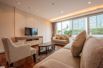 Beautiful and large living room interior with hardwood floors