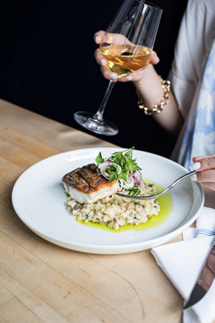 Seared fish on lentil salad