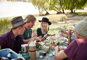Group of millennial friends having a picnic in the park together