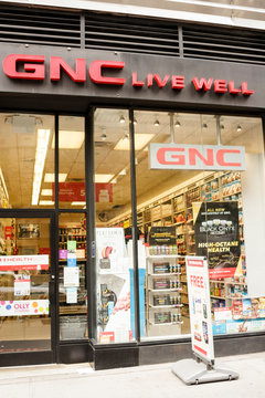 New York, New York, USA - July 15, 2016: A GNC store on 7th Ave. in Manhattan. GNC sells various health supplements.