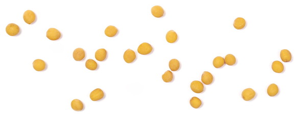 Set yellow mustard seeds macro isolated on white background, top view