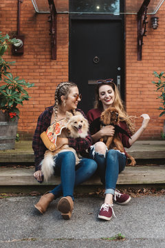 Two female friends in their twenties playing with their dogs outside in autumn
