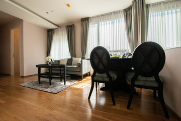 Modern living room and kitchen in small apartment 