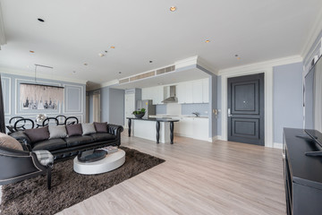 Modern living room and kitchen in small apartment 