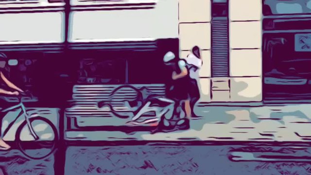 people cycling on bicycle or bike lane in 15 minute city urban environment on road in cycle lane, comic book style animation tracking shot - stock, footage, video, film, clip, 