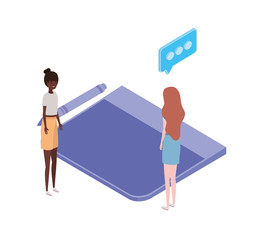 women with tablet on white background