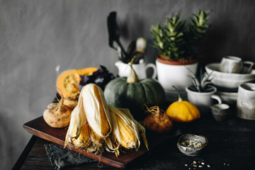 Vegetables lying on dark table