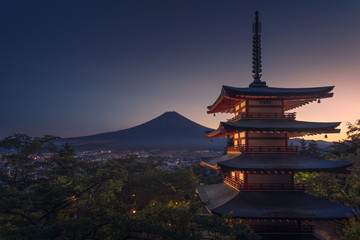 Mt. Fuji with red pagoda, Fujiyoshida, Japan