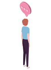 man of back position with speech bubble on white background