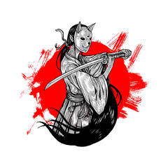 Masked Samurai Girl Hand Drawn Illustration vector