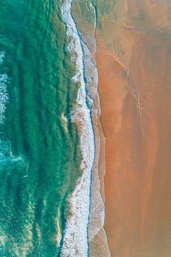 Aerial view of a wild beach at sunset