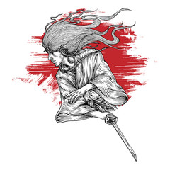 Fabolous Long Hair Samurai Ronin Attacking With His Katana, Hand Drawn Illustration, Isolated Vector