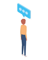 man of back position with speech bubble on white background
