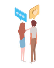 couple of people standing with speech bubble on white background