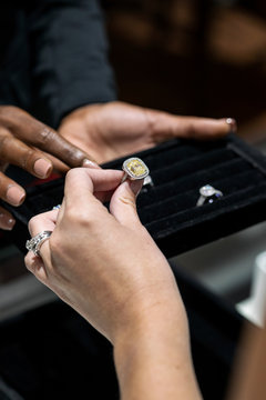 Jewelry: Woman Ring Shopping In Upscale Store