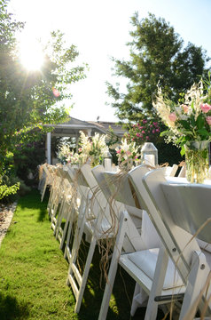The wedding decor. Table is decorated for event party in the garden