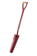 Red Steel Draining Myd shovel inclined on white background with clipping path - obrazy, fototapety, plakaty